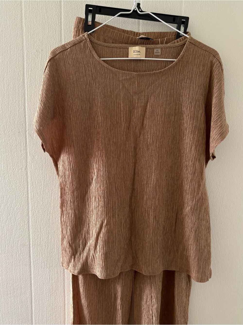 Tahari Brown Crinkled Short-Sleeve Top and pants